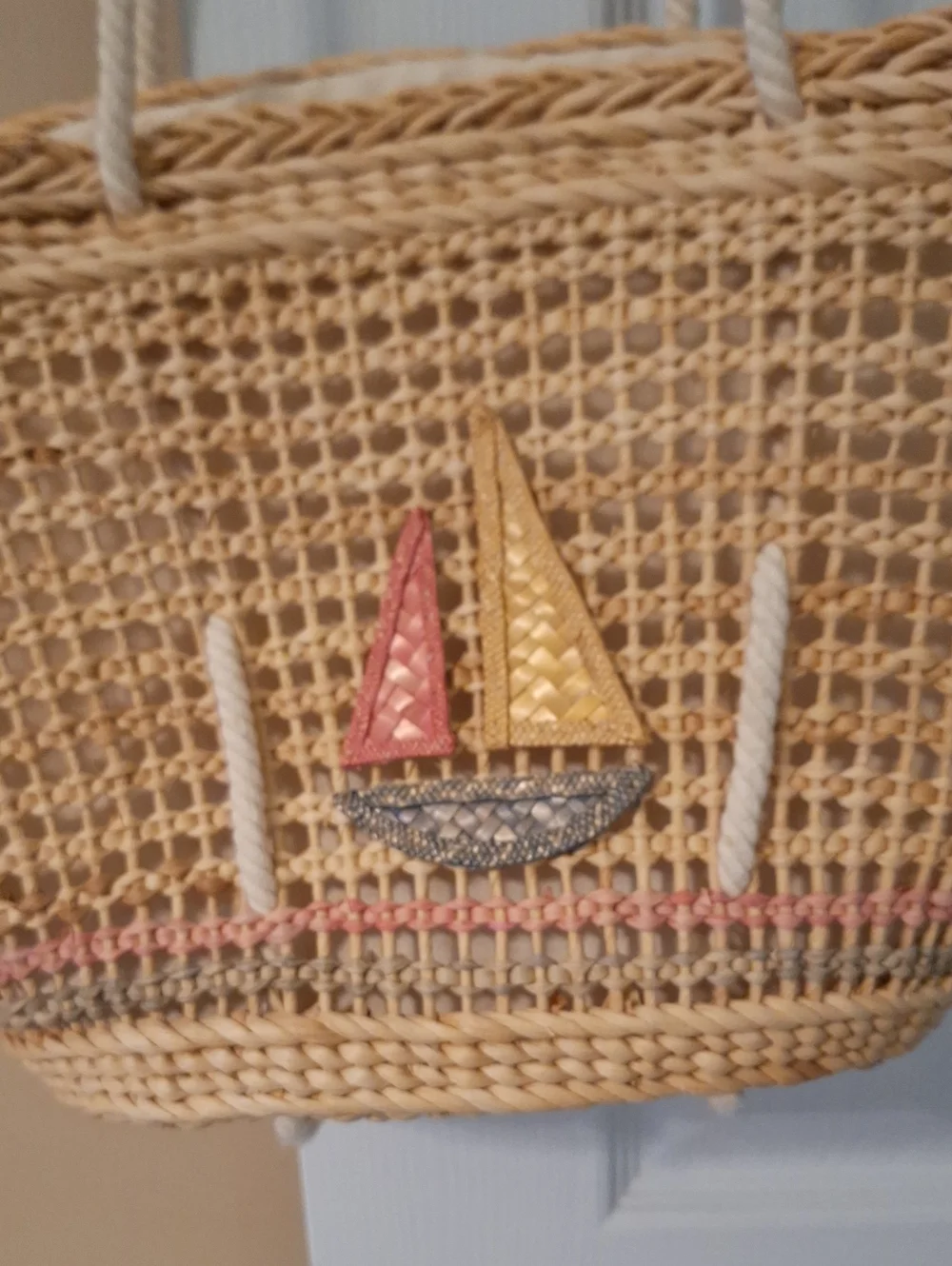 Woven Straw Tote Bag with Sailboat Accent